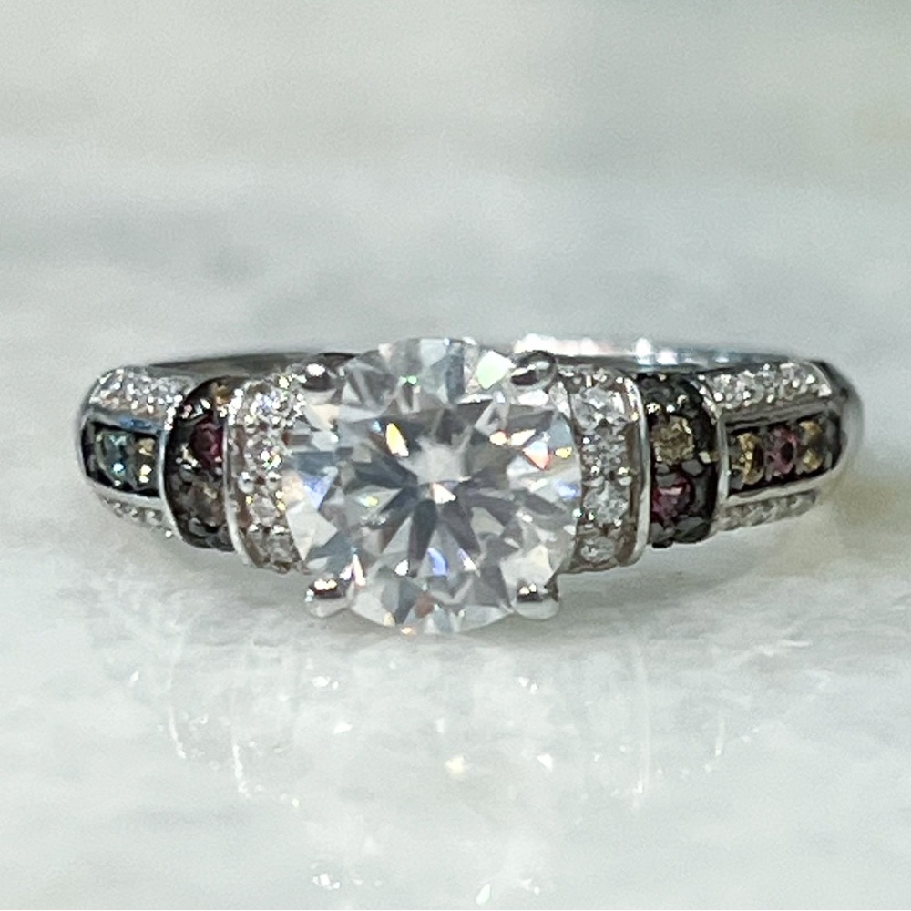 Moissanite & Multi Sapphire Sterling Silver Ring Sz 7